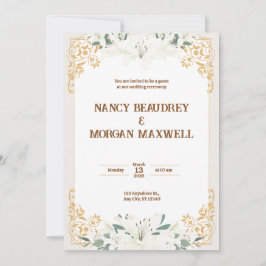 Invitación Boda de Ilustracion de acuarela dorada floral blan