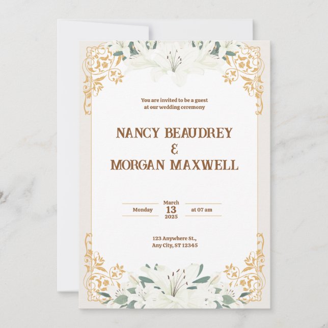 Invitación Boda de Ilustracion de acuarela dorada floral blan (Anverso)