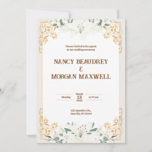 Invitación Boda de Ilustracion de acuarela dorada floral blan