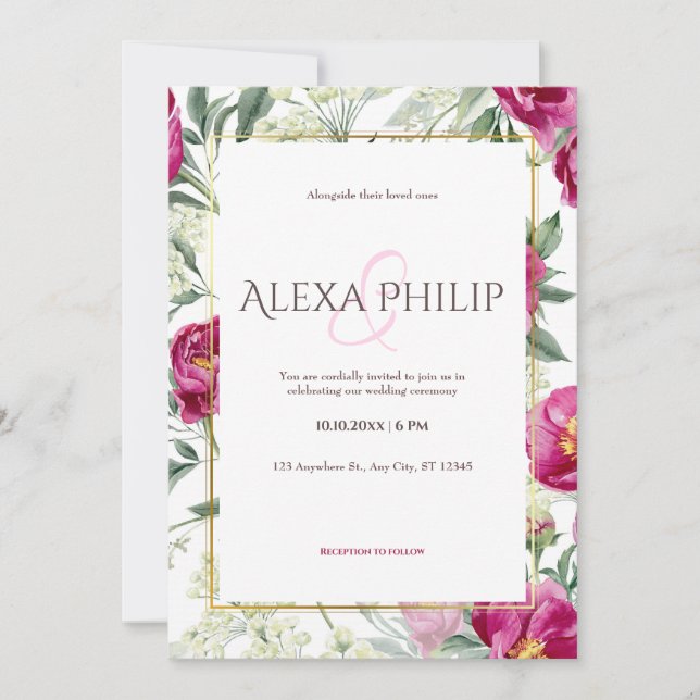 Invitación Boda de Ilustracion de acuarela floral rosa (Anverso)