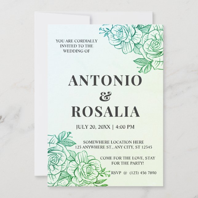 Invitación Boda de Ilustracion de color verde (Anverso)
