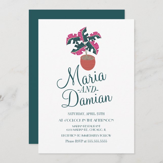 Invitación Boda de Ilustracion de vegetación de plantas rosad (Anverso / Reverso)