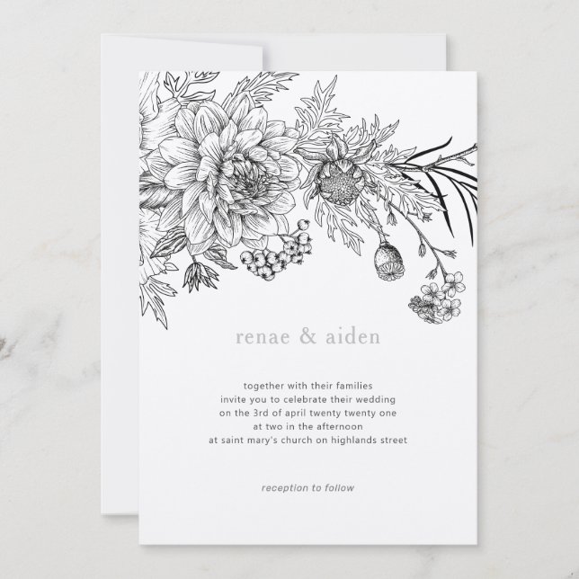 Invitación Boda de ilustracion floral blanco y negro (Anverso)