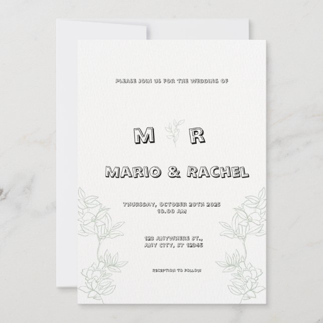 Invitación Boda de Ilustracion floral simple en blanco y negr (Anverso)