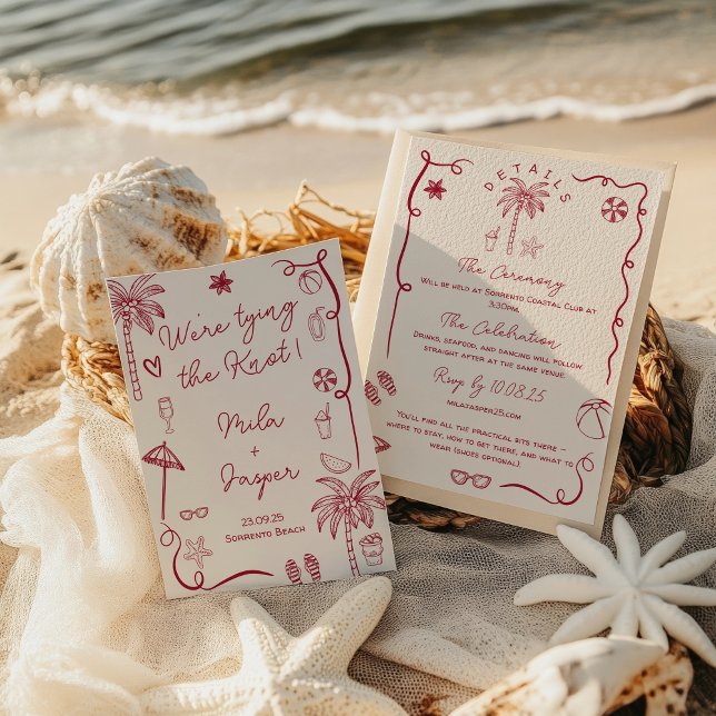 Invitación Boda de Ilustracion Retro French Beach Seaside (Retro French Beach Seaside Illustration Wedding Invitation)
