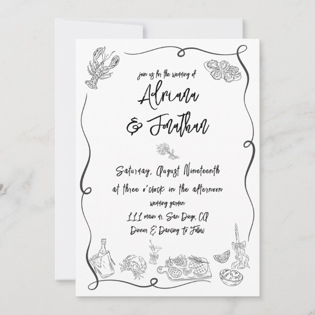 Invitación Boda de Ilustraciones dibujados a mano negra y bla (Anverso)