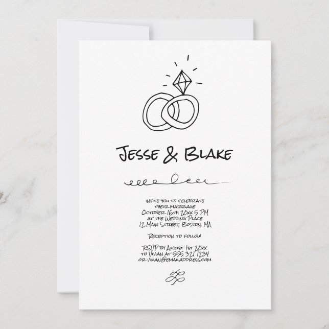Invitación Boda de Ilustraciones Doodle en blanco y negro (Anverso)
