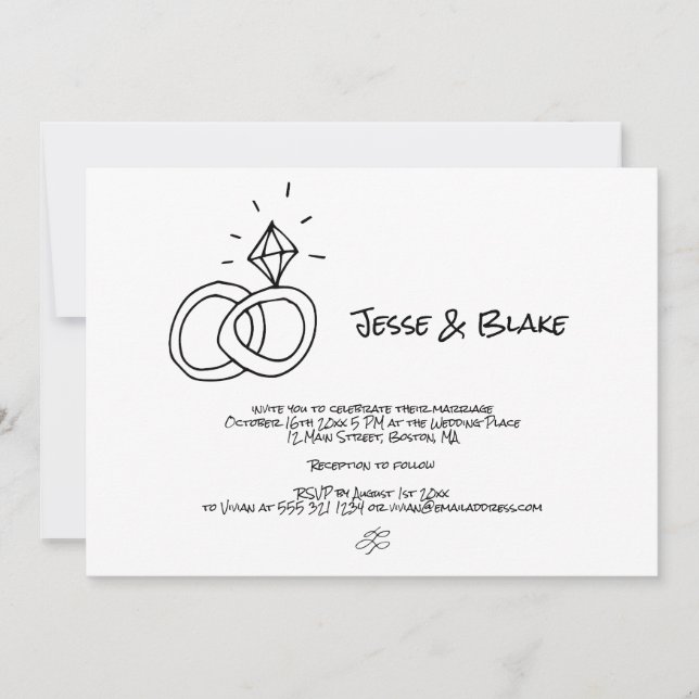 Invitación Boda de Ilustraciones Doodle en blanco y negro (Anverso)