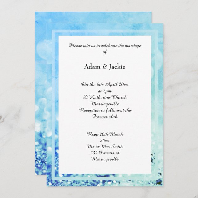 Invitación Boda DE IMPRESIÓN AQUA BLUE WHITER LAYER BOKEH (Anverso / Reverso)