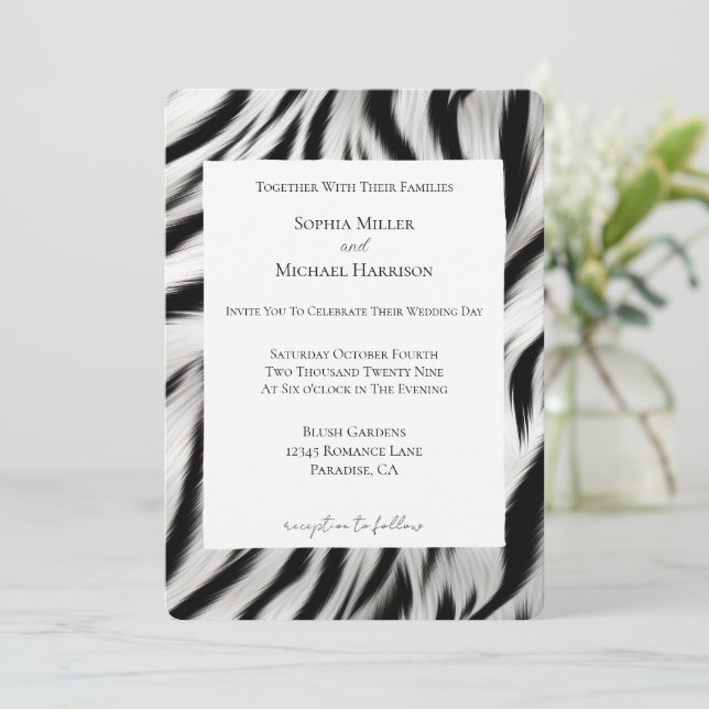 Invitación Boda de impresión de animales de cebra blanca negr (Anverso de pie)
