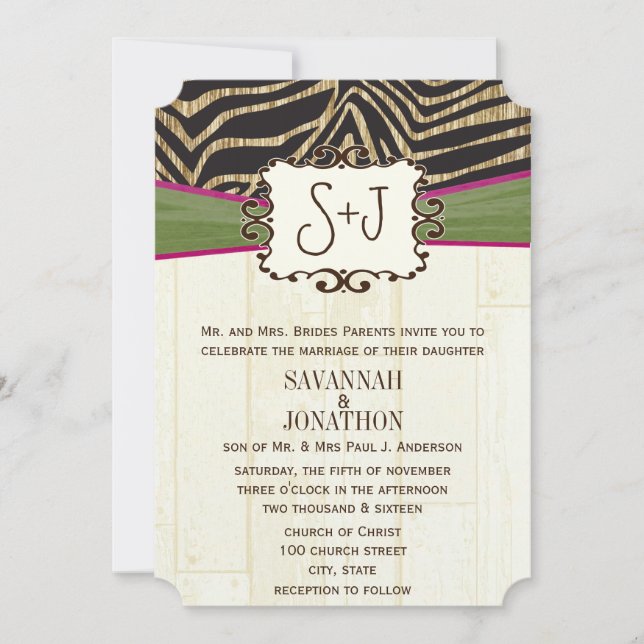 Invitación Boda de impresión de cebra de madera de oliva de f (Anverso)