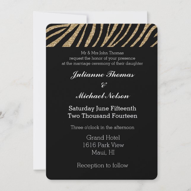 Invitación Boda de impresión de cebra Purpurina negro y dorad (Anverso)