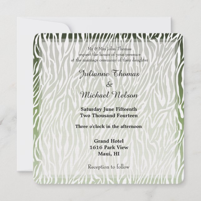 Invitación Boda de impresión de cebra verde salvaje (Anverso)