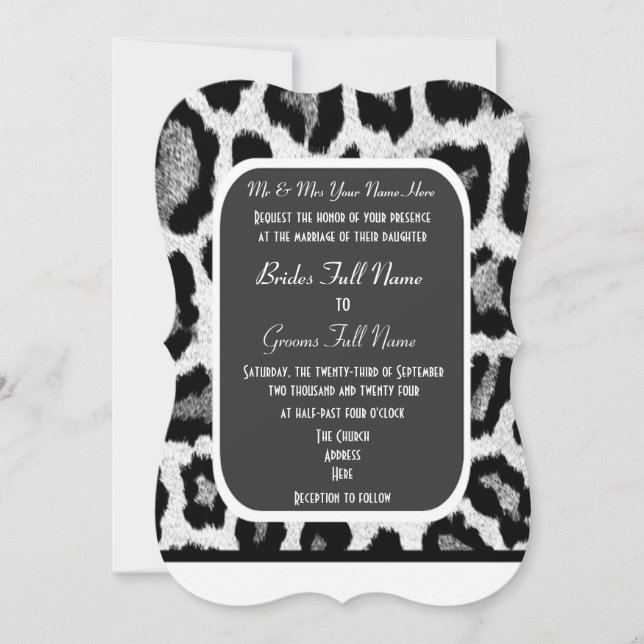 Invitación boda de impresión de leopardo blanco y negro (Anverso)