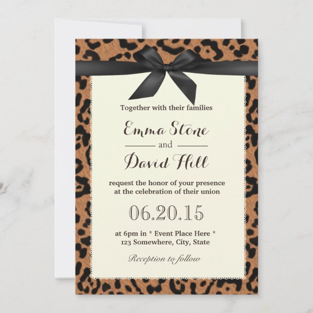 Invitación Boda de impresión de leopardo de cinta negra con c (Anverso)