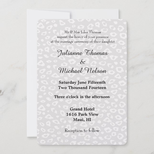 Invitación Boda de impresión de leopardo gris y blanco (Anverso)