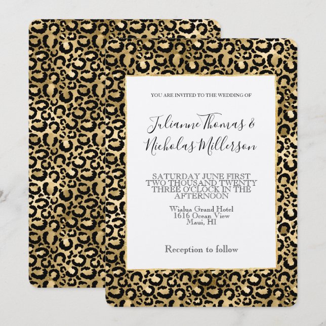Invitación Boda de impresión de leopardo negro dorado (Anverso / Reverso)