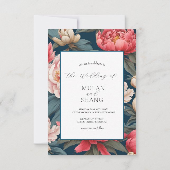 Invitación Boda de impresión oriental de tonos rosas y blanco (Anverso)