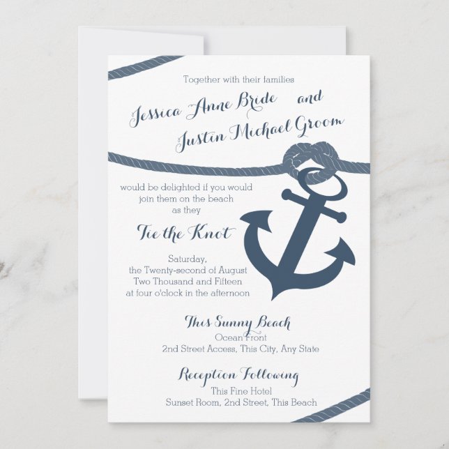 Invitación Boda de inclinación náutica y ancla (Anverso)