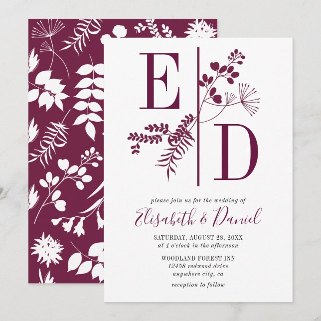 Invitación Boda de Iniciales Borgoña Moderno Simple (Anverso / Reverso)