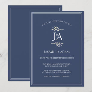 Invitación Boda de iniciales clásicas azul marino elegante 