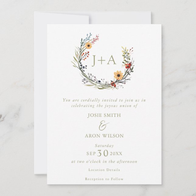 Invitación boda de iniciales de flores silvestres de bonito (Anverso)