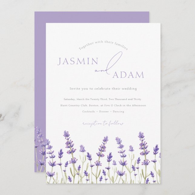 Invitación Boda de Iniciales de Flores Silvestres de Lavanda  (Anverso / Reverso)