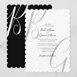 Invitación Boda de Iniciales de Monograma Blanco y Negro