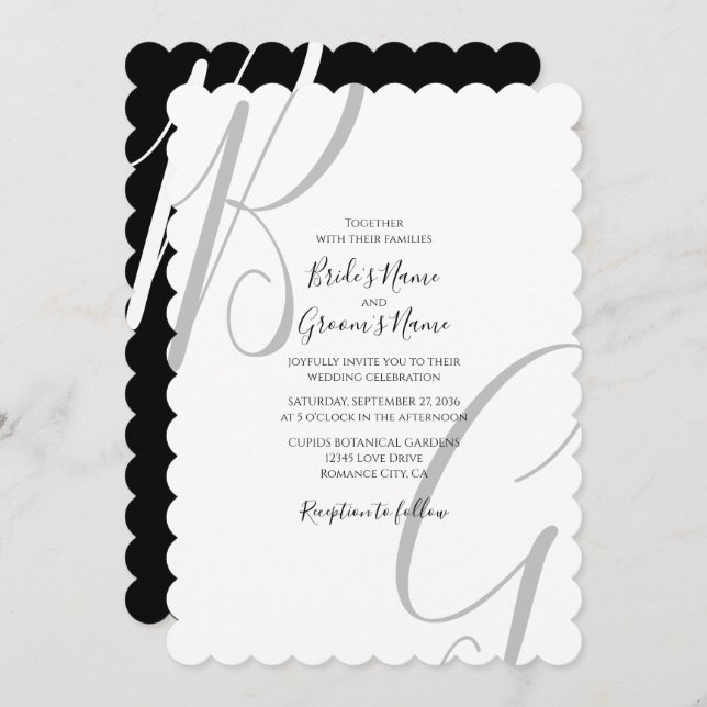 Invitación Boda de Iniciales de Monograma Blanco y Negro (Anverso / Reverso)