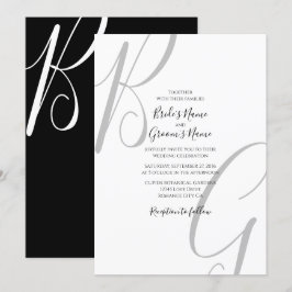 Invitación Boda de Iniciales de Monograma Blanco y Negro