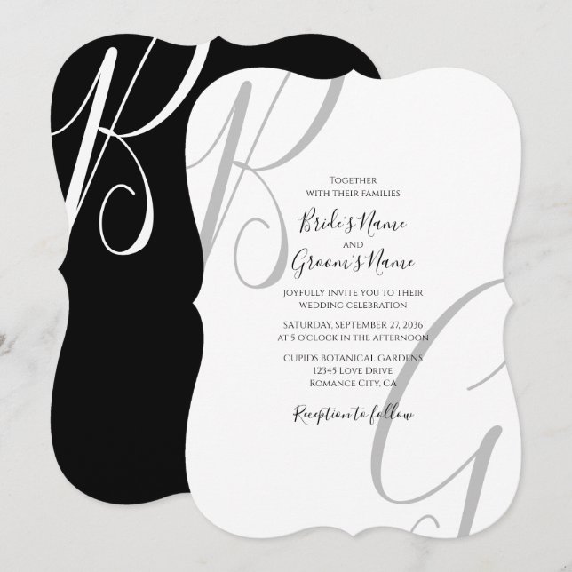 Invitación Boda de Iniciales de Monograma Blanco y Negro (Anverso / Reverso)
