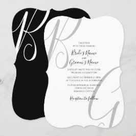 Invitación Boda de Iniciales de Monograma Blanco y Negro
