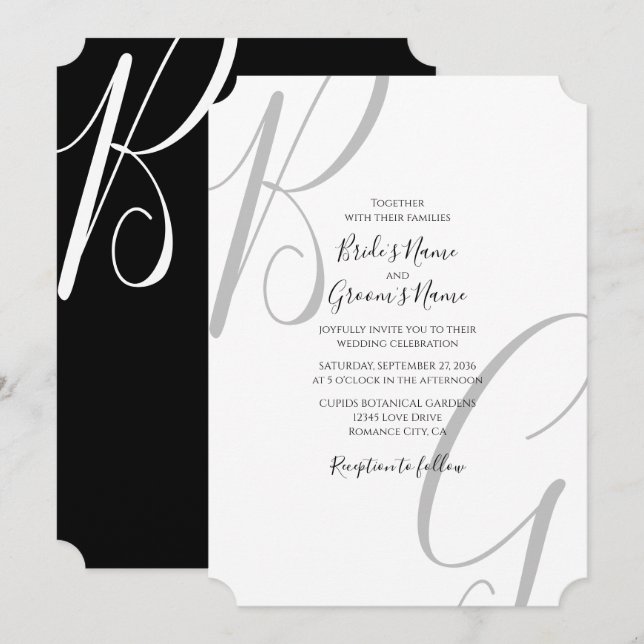 Invitación Boda de Iniciales de Monograma Blanco y Negro (Anverso / Reverso)