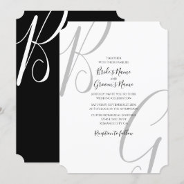 Invitación Boda de Iniciales de Monograma Blanco y Negro