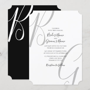 Invitación Boda de Iniciales de Monograma Blanco y Negro