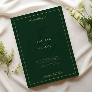 Invitación Boda de iniciales de monograma verde de selva dora