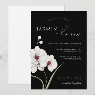 Invitación Boda de iniciales de orquídea blanca negra moderna