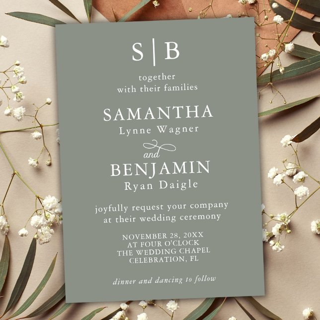 Invitación Boda de Iniciales del Monograma Verde Masaje Clási (Subido por el creador)