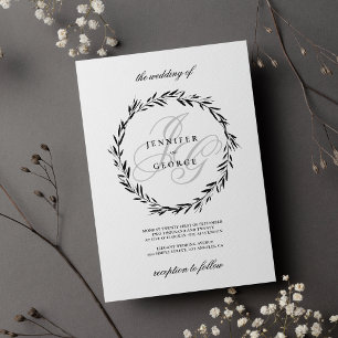 Invitación Boda de iniciales en monograma blanco y negro mini