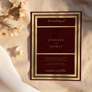 Invitación Boda de iniciales en monograma de oro burdeos de l