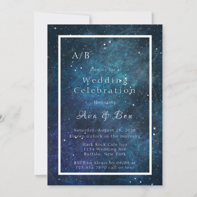 Invitación Boda de Iniciales Espaciales de Galaxia Azul y Púr (Anverso)
