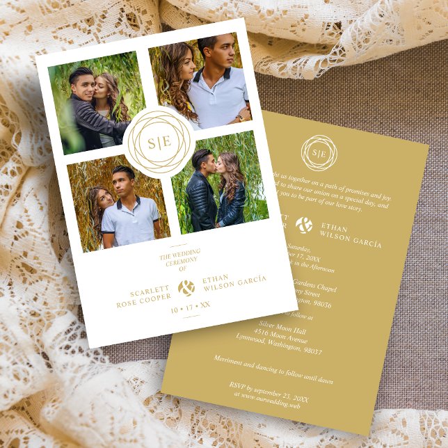 Invitación Boda de Iniciales Mínimas de Oro Blanco 4 Fotos (White & Fake Gold Minimal Initials Simple Fancy 4 Multi Photos Collage Wedding Invitation Card.)