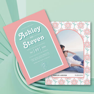 Invitación Boda de inspiración retro groovy peach y aqua de l