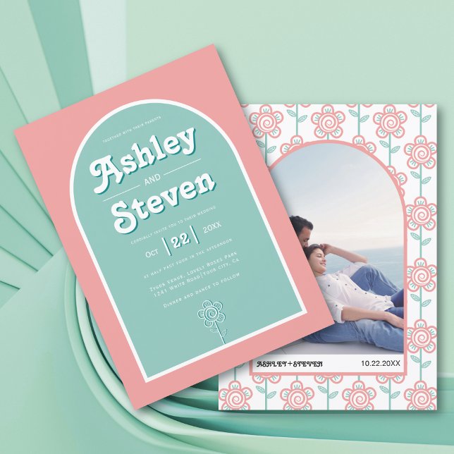 Invitación Boda de inspiración retro groovy peach y aqua de l (Subido por el creador)
