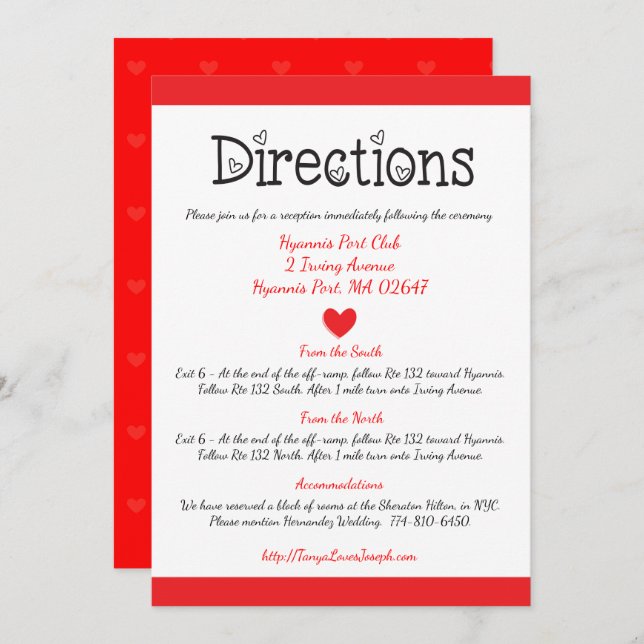 Invitación Boda de instrucciones/detalles de corazones rojos  (Anverso / Reverso)