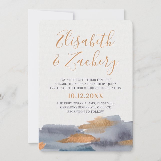 Invitación Boda de intercambio acuático azul y dorado (Anverso)