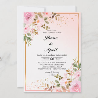 Invitación boda de inversión dorada rosa con flores