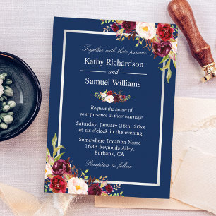 Invitación Boda de invierno azul de la Marina de Plata Floral