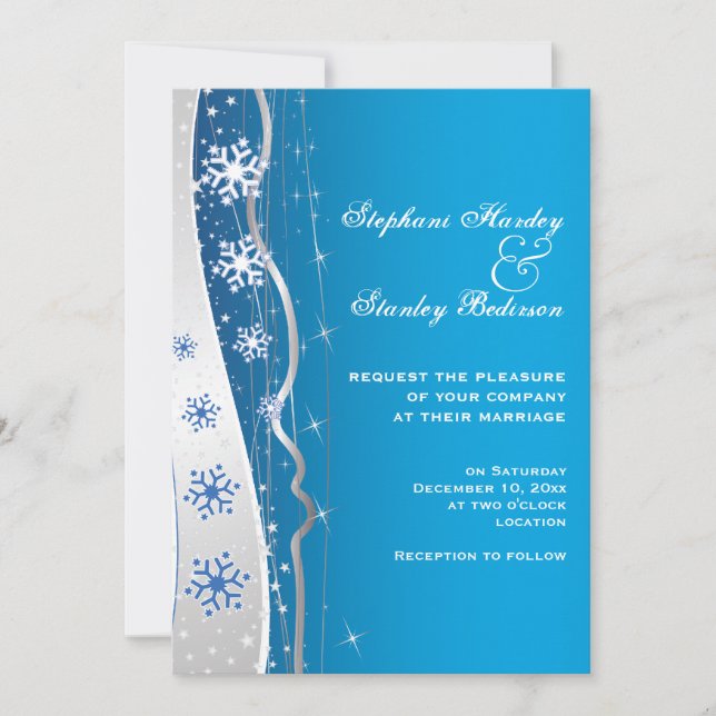 Invitación Boda de invierno azul, gris plateado con copo de n (Anverso)