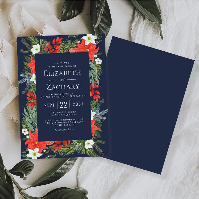 Invitación Boda de invierno azul marino botánico de Navidad (Subido por el creador)